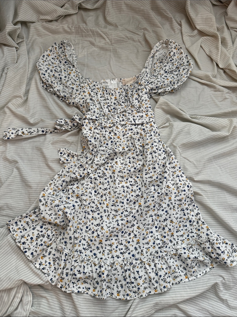 Altar'd State White Floral Puff Sleeve Dress with Blue and Yellow Print